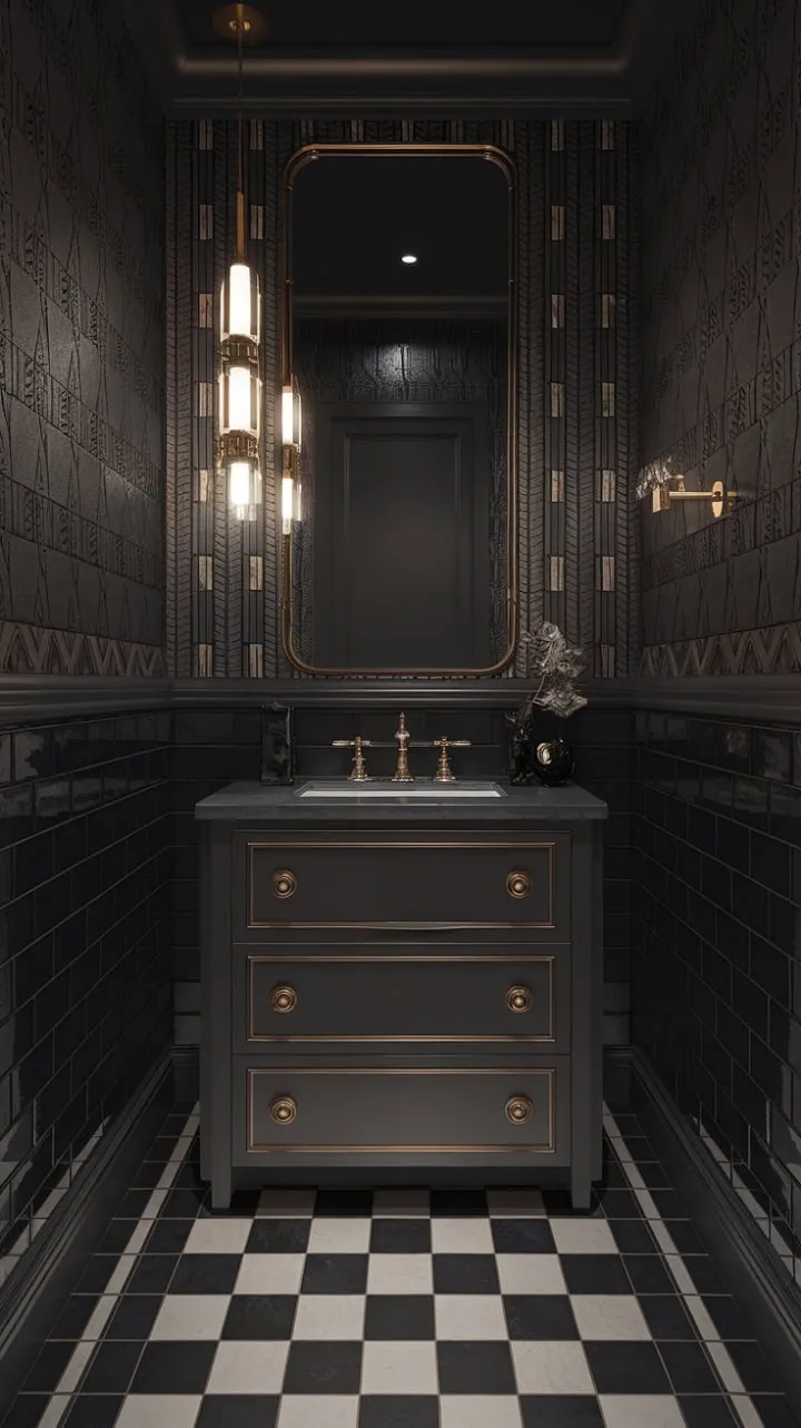 This Art Deco sanctuary exudes refined luxury through its darkly glamorous palette of gray, gold, and white, enhanced by intricate wall patterns.