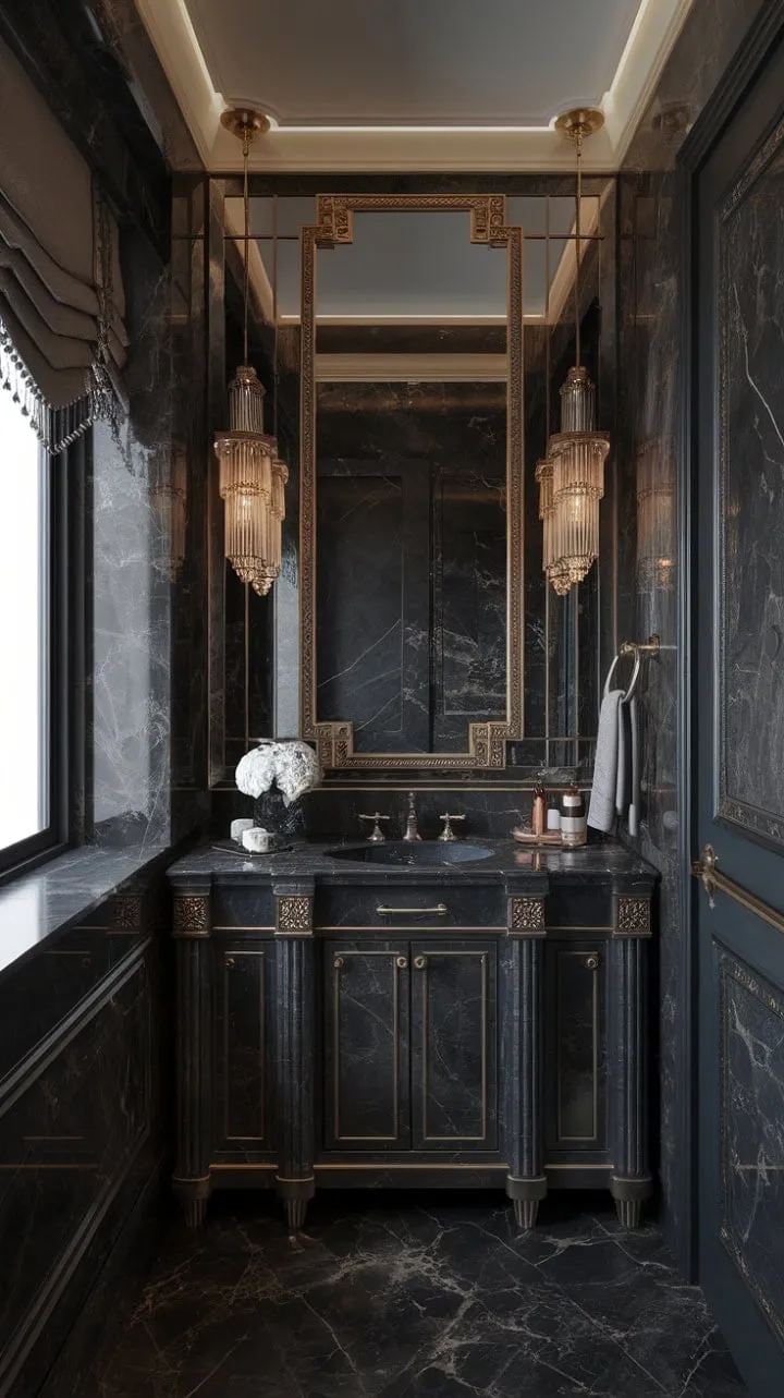 This Art Deco powder room, illuminated by golden light, transforms rich marble and gold fixtures into a captivating sanctuary of timeless elegance.