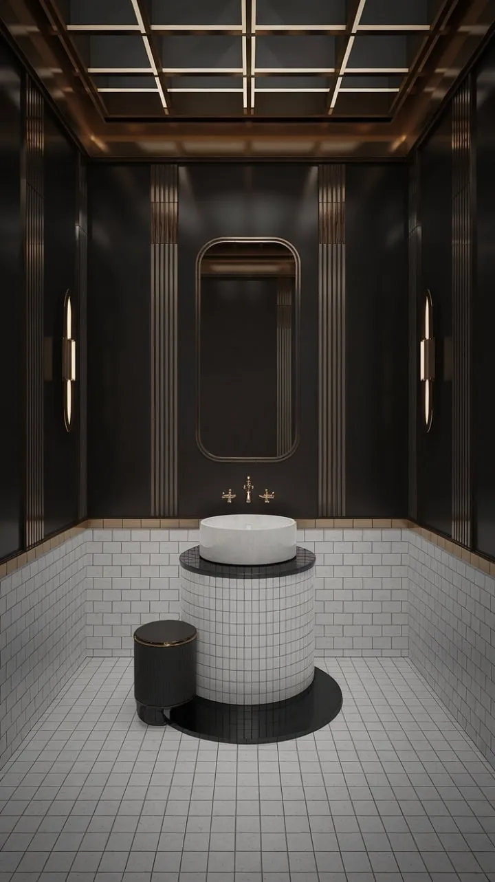 Step into a luxurious Art Deco powder room where deep hues and gold accents weave a tapestry of sophisticated mystery and refined elegance.