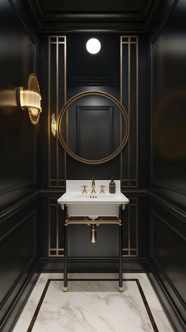 Step into a world of opulent darkness. The Art Deco-inspired powder room, with its black walls, white marble, and gleaming gold accents, evokes a sense of timeless glamour. A sanctuary of sophisticated style.