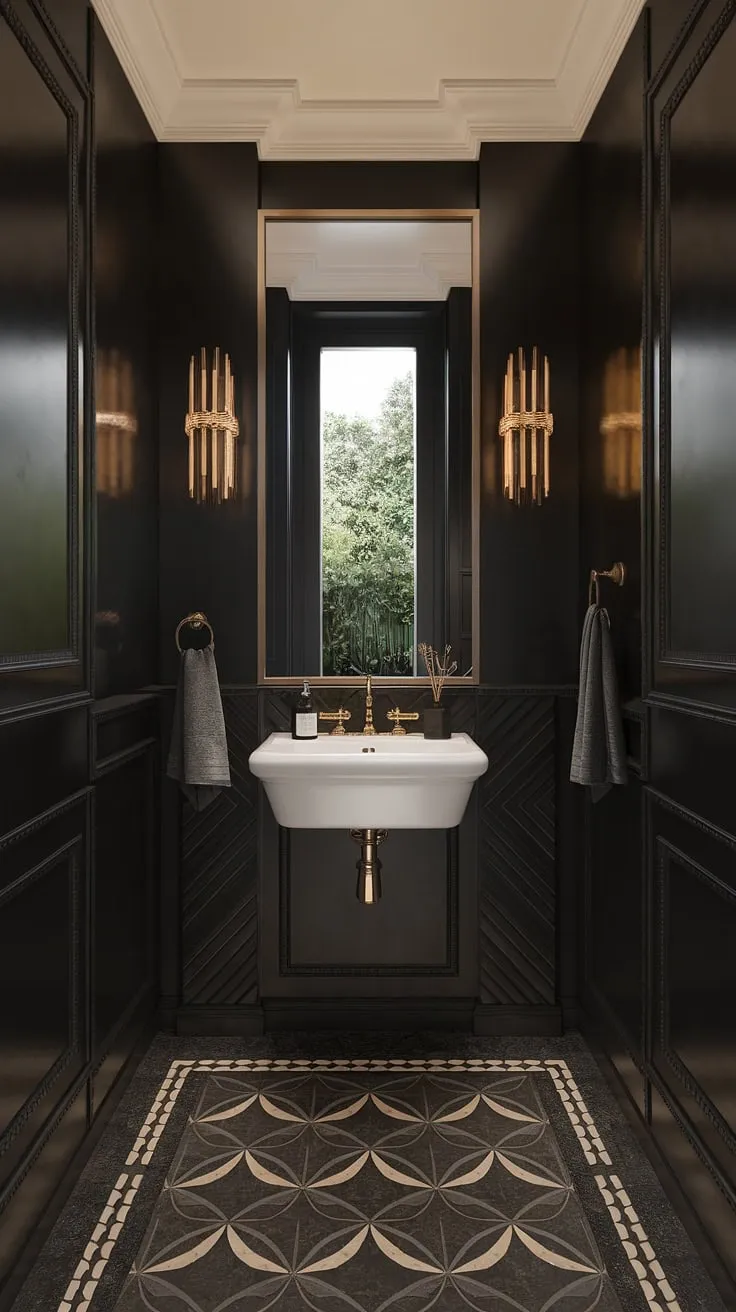 Step into a world of refined elegance. This art deco powder room, with its dramatic black walls, gleaming gold fixtures, and striking geometric floor, offers a sanctuary of sophisticated style. A touch of nature peeks through the small window, adding a surprising contrast to the opulent interior. A truly unforgettable space.
