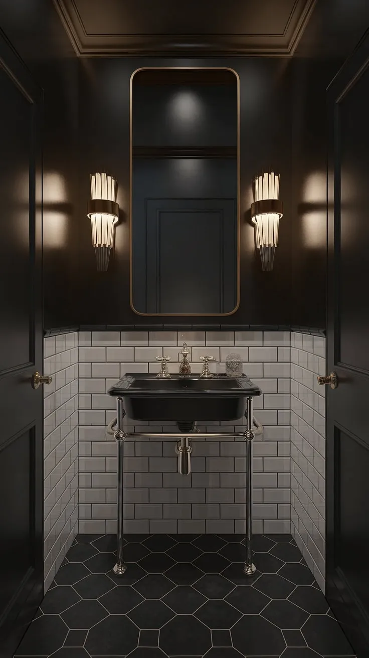 Step into a world of opulent darkness. This art deco powder room, with its black and white geometric tiles and gleaming gold accents, is the epitome of sophisticated luxury. The moody lighting and dramatic design create an atmosphere of refined mystery. A truly unforgettable space.