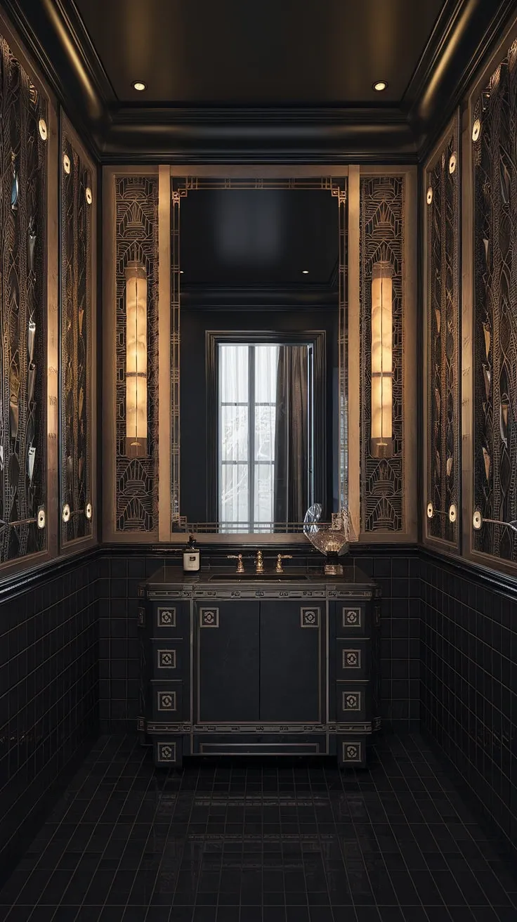 Step into a world of opulent darkness. This art deco powder room, with its intricate gold detailing and moody ambiance, is a testament to refined luxury. The rich textures and dramatic lighting create an atmosphere of sophisticated allure. A sanctuary of style, where every detail is meticulously crafted.