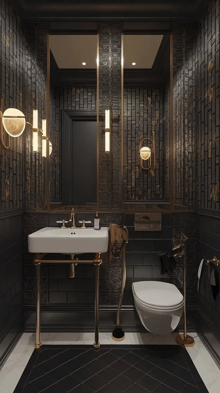 Step into a world of opulent decadence. This Art Deco powder room, with its shimmering gold accents and moody atmosphere, is a sanctuary of refined luxury. The geometric tiles and elegant fixtures create a space where timeless style meets modern comfort. A true testament to sophisticated design.