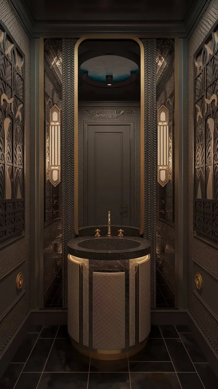 Indulge in the darkly glamorous allure of this Art Deco powder room. A circular sink, a gold faucet, and a mesmerizing mirror combine to create a space of refined luxury. The intricate wall patterns and black and white tiles add a touch of geometric sophistication. A perfect blend of old-world charm and modern elegance, this is a powder room that transcends mere functionality.