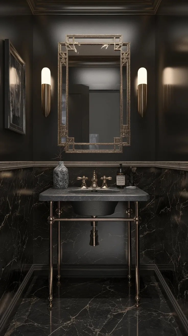 Step into a world of opulent darkness. This art deco powder room, with its cool marble and gleaming gold accents, is a sanctuary of sophisticated style. The soft lighting and carefully chosen details create an atmosphere of quiet luxury, a testament to timeless design.