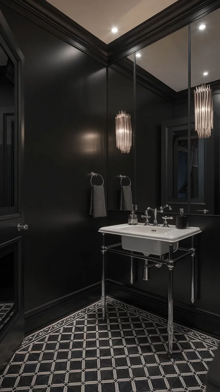 Indulge in the darkly glamorous allure of this Art Deco powder room. The stark contrast of black and white, the sleek lines, and the meticulously chosen details create a space that is both breathtaking and intensely private; a perfect escape for the discerning individual.