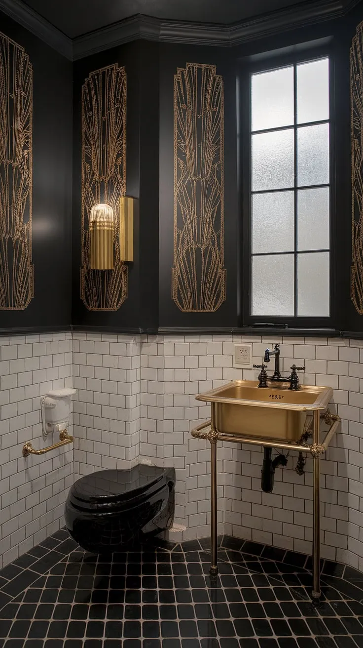 Step into a world of opulent shadows and shimmering gold. This Art Deco powder room, with its black and white geometry and luxurious gold accents, is a testament to timeless elegance. The frosted window adds a touch of mystery, while the gleaming gold sink beckons you to indulge in a moment of quiet luxury. A truly captivating escape.