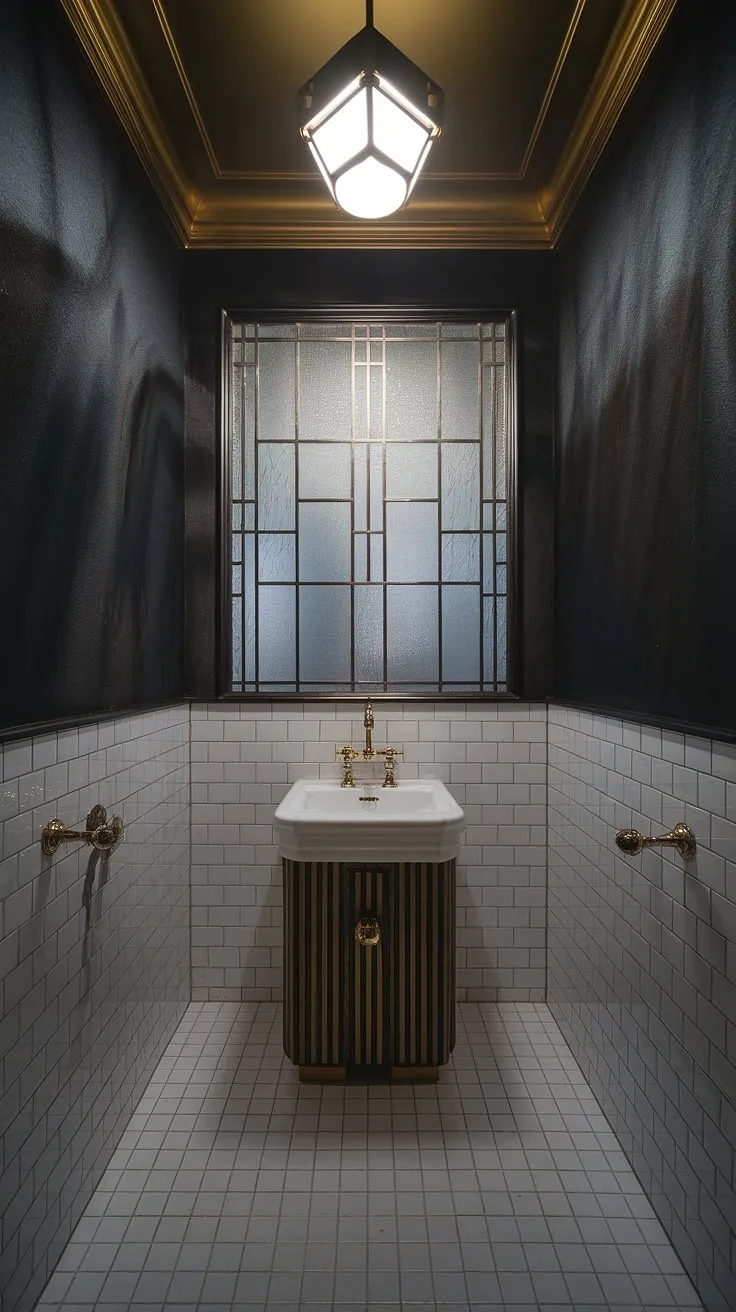 Indulge in the opulent details of this art deco-inspired powder room. The dramatic dark grey walls are beautifully contrasted by the crisp white sink and gold fixtures, creating a space that is both luxurious and intimate. A testament to timeless design, this room is a haven of quiet elegance.
