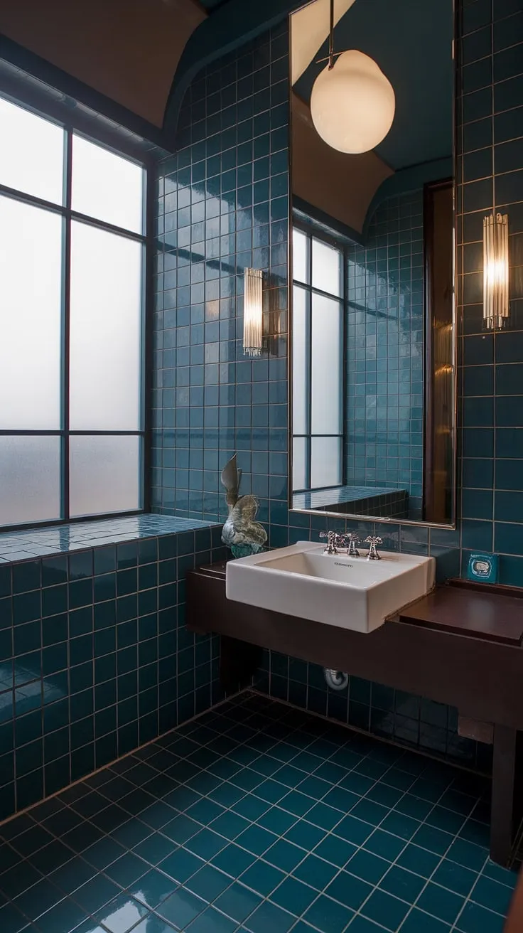 Step into a world of sophisticated serenity. This Art Deco powder room, with its deep blue tiles and moody ambiance, offers a sanctuary of understated luxury. The contrast of the white sink and fixtures against the dark tones creates a captivating visual drama. A perfect blend of old-world glamour and modern elegance.