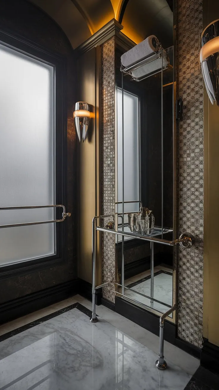 Step into a world of opulent shadows and Art Deco glamour. The rich textures of marble and gold, the gleam of chrome, and the subtle light filtering through frosted glass create an atmosphere of sophisticated intimacy. A sanctuary of quiet luxury awaits.