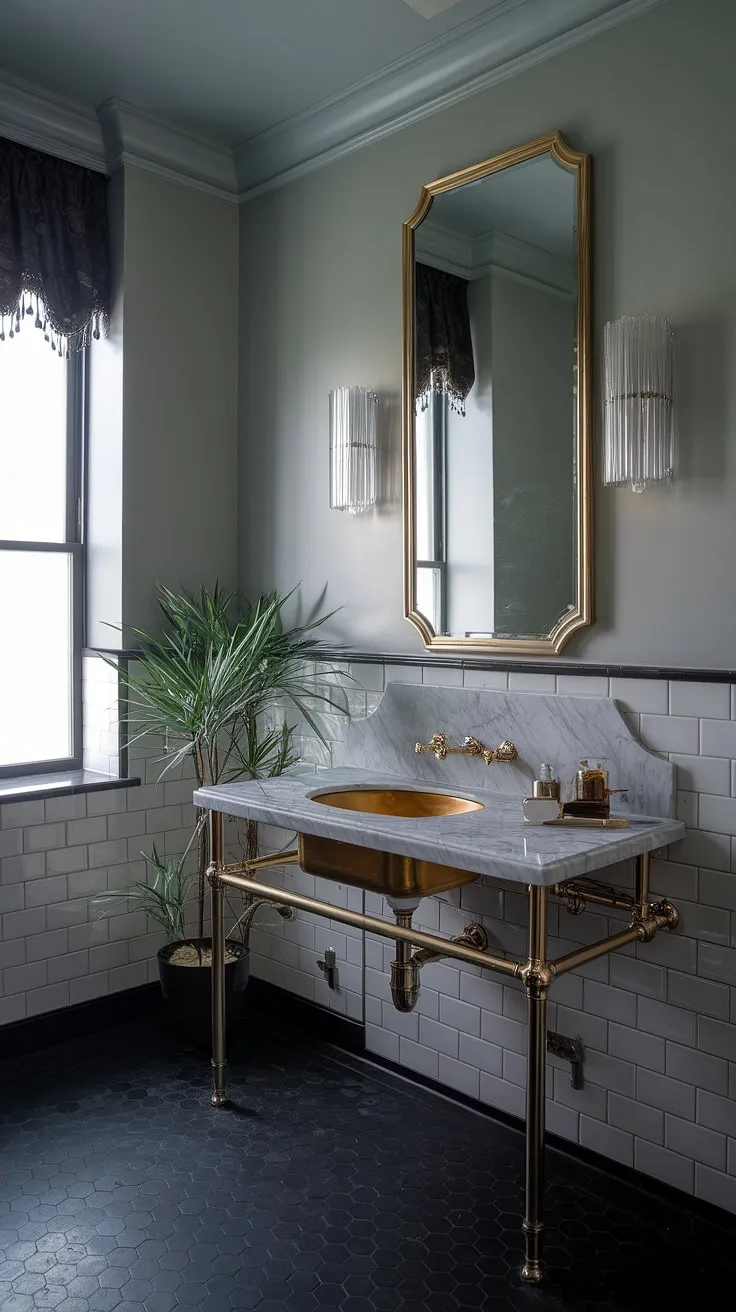 Step into a world of opulent serenity. This Art Deco powder room, with its shimmering gold fixtures and moody grey tones, offers a sanctuary of understated luxury. The subtle glow of the sconces and the lush greenery add a touch of life to this exquisitely designed space. A testament to timeless elegance and meticulous detail.