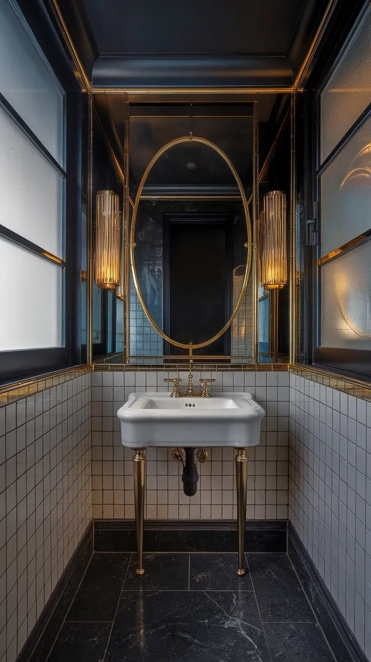 Step into a world of opulent serenity. The Art Deco-inspired powder room, with its dark marble floors and gleaming gold accents, offers a sanctuary of understated luxury. A haven of quiet sophistication, perfect for a moment of peaceful escape.