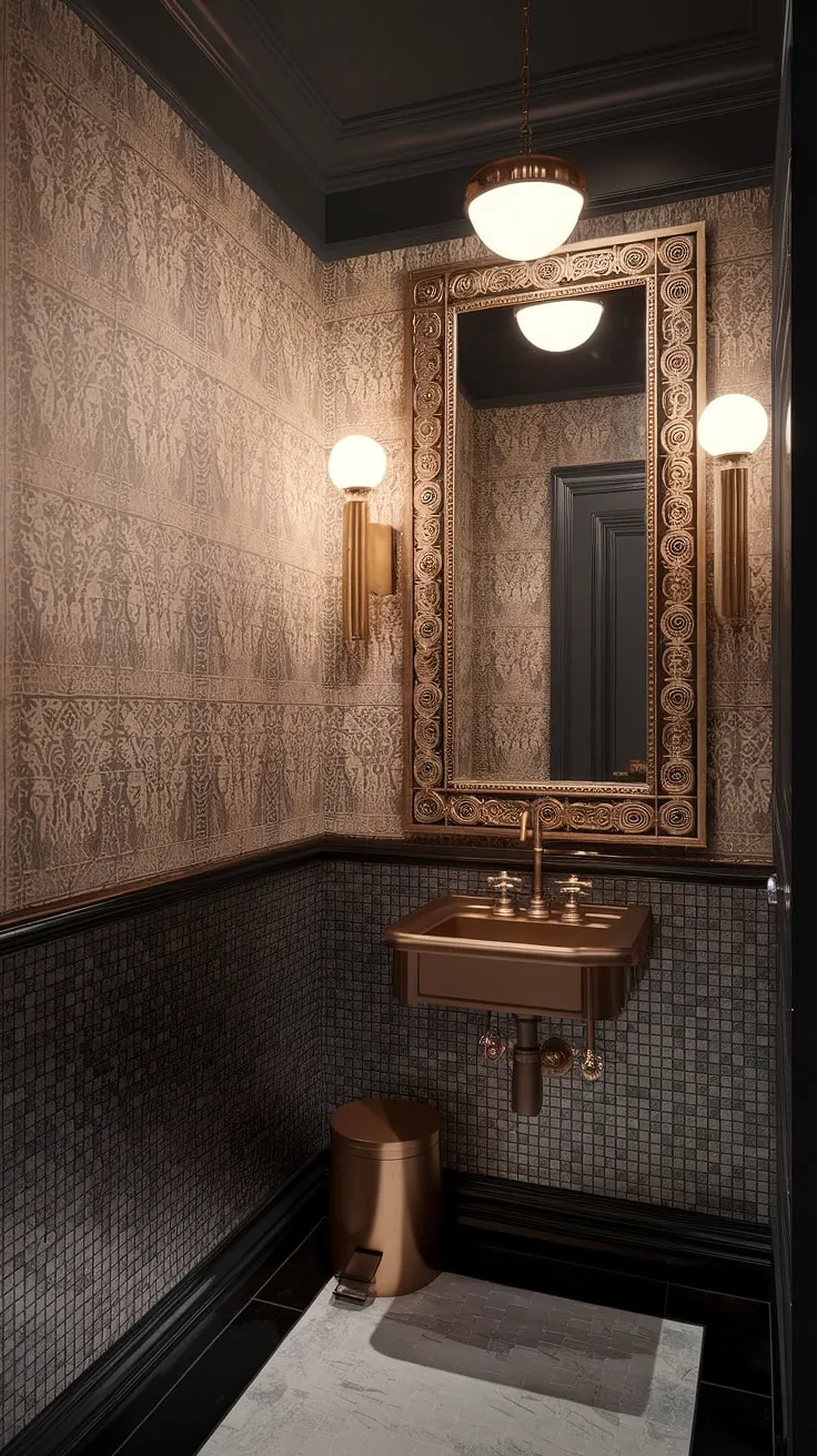 Step into a world of opulent Art Deco design. The rich textures and moody lighting create an atmosphere of sophisticated glamour, where every detail, from the geometric tiles to the gleaming gold accents, speaks to a bygone era of refined luxury. A sanctuary of style, this powder room is a testament to timeless elegance.