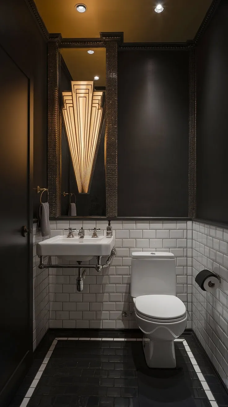Indulge in the refined decadence of this Art Deco powder room. The interplay of light and shadow, the striking black and white tiles, and the unique geometric lighting fixture all contribute to an atmosphere of A captivating mystery and timeless glamour.