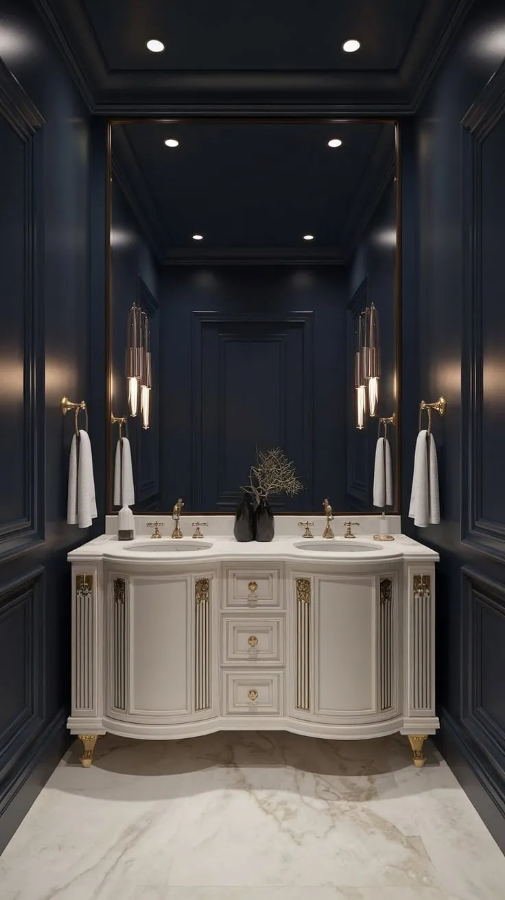 Indulge in the opulent details of this darkly glamorous powder room. The rich navy blue walls, contrasted by the pristine white vanity and gold fixtures, create a mood of refined luxury. A perfect blend of Art Deco charm and contemporary sophistication.