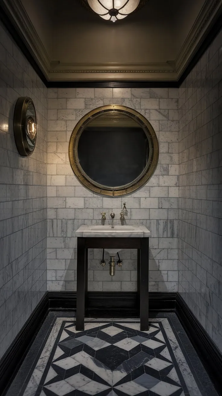 Step into a world of Art Deco elegance, where shadows dance across a geometric marble floor and a brass-framed mirror reflects the subtle glow of a wall-mounted sink. The dark, moody ambiance is perfectly complemented by the rich textures and luxurious details, creating a powder room that's both captivating and undeniably chic. A sanctuary of sophisticated style awaits.