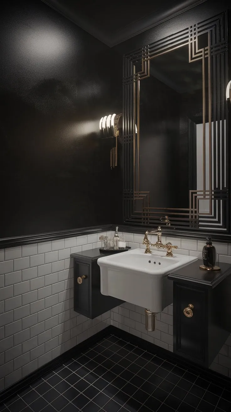 Step into a world of sophisticated elegance. This powder room, with its art deco design, black and white palette, and gleaming gold accents, is a testament to timeless style. The geometric mirror and black cabinetry add a touch of drama, while the soft lighting creates an intimate and luxurious atmosphere. A sanctuary of style, A place to escape, A true masterpiece of design.