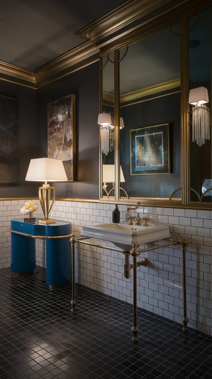 Indulge in the darkly glamorous allure of this powder room. A symphony of gold accents, geometric patterns, and subtle lighting creates an intimate and luxurious space. A perfect blend of old-world charm and modern sophistication.