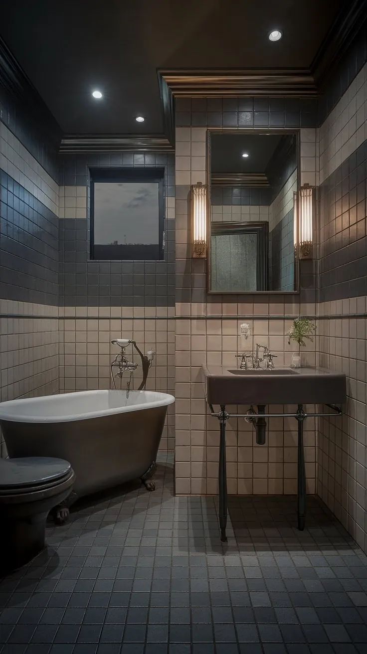 Indulge in the opulent serenity of this Art Deco powder room. The interplay of dark and light tones, complemented by the freestanding tub and elegant fixtures, creates a sanctuary of sophisticated relaxation. A perfect escape for moments of quiet contemplation.