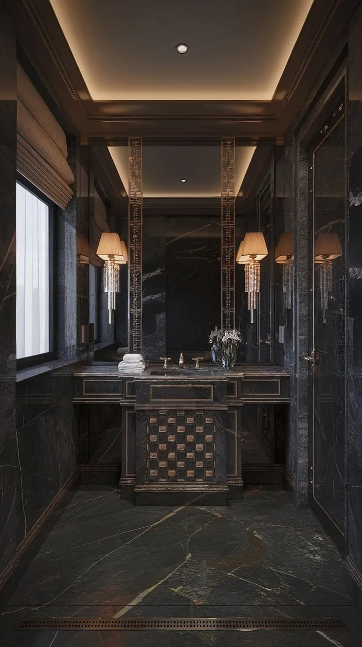 Indulge in the opulent drama of this Art Deco powder room. The rich marble, from floor to ceiling, creates a moody sanctuary, perfectly complemented by the subtle lighting and elegant fixtures. A testament to timeless design and luxurious detail.