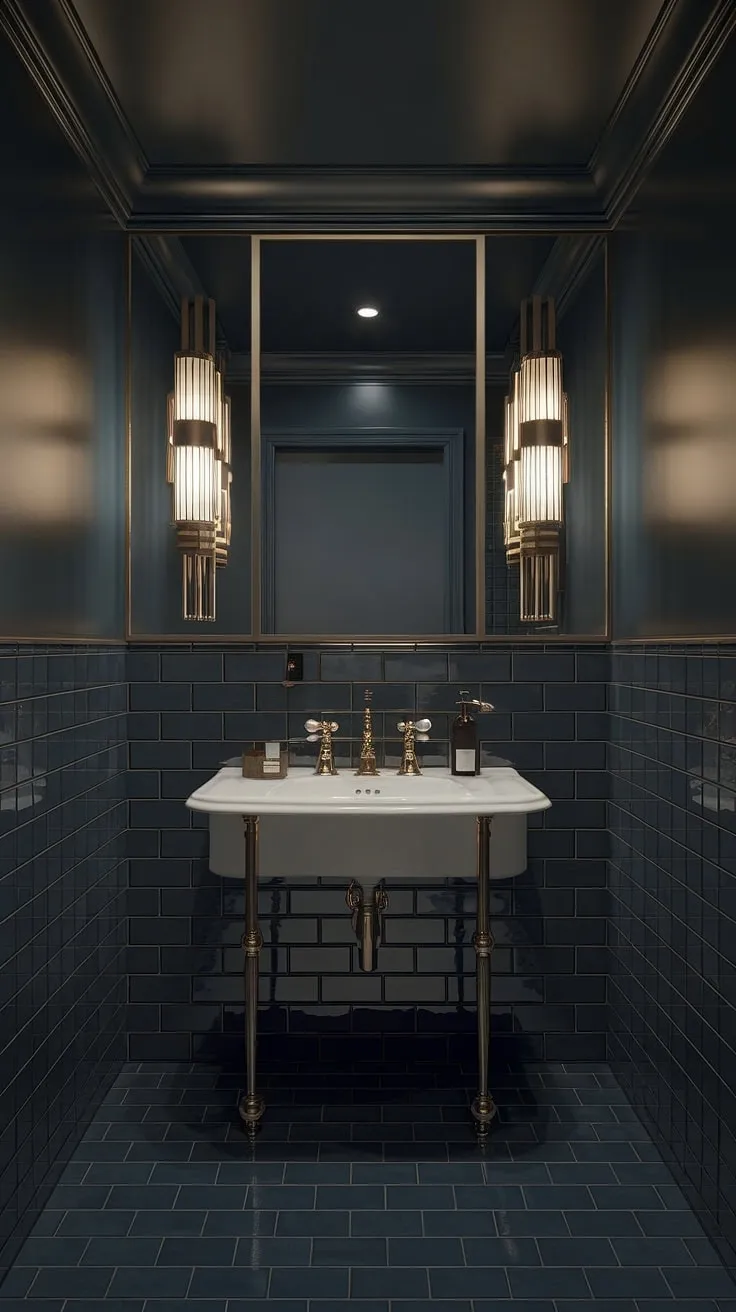 Step into a world of opulent mystery. This Art Deco powder room, with its dark gray tiles and gleaming gold accents, offers a sanctuary of sophisticated style. The deep blue floor and dramatic lighting create an atmosphere of refined indulgence. A true testament to timeless design.