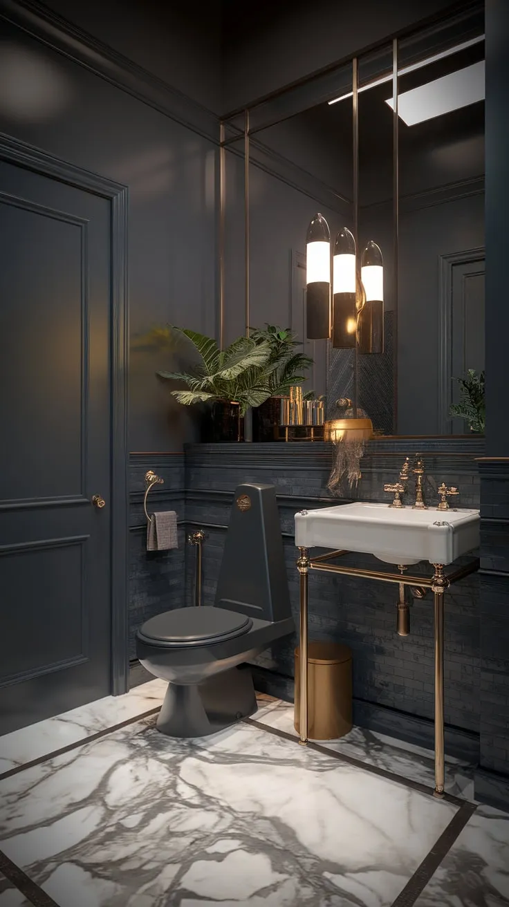 Indulge in the darkly elegant allure of this art deco powder room. The interplay of grey tones, the gleaming gold fixtures, and the carefully chosen plants create a haven of understated opulence. A testament to refined taste and meticulous design.