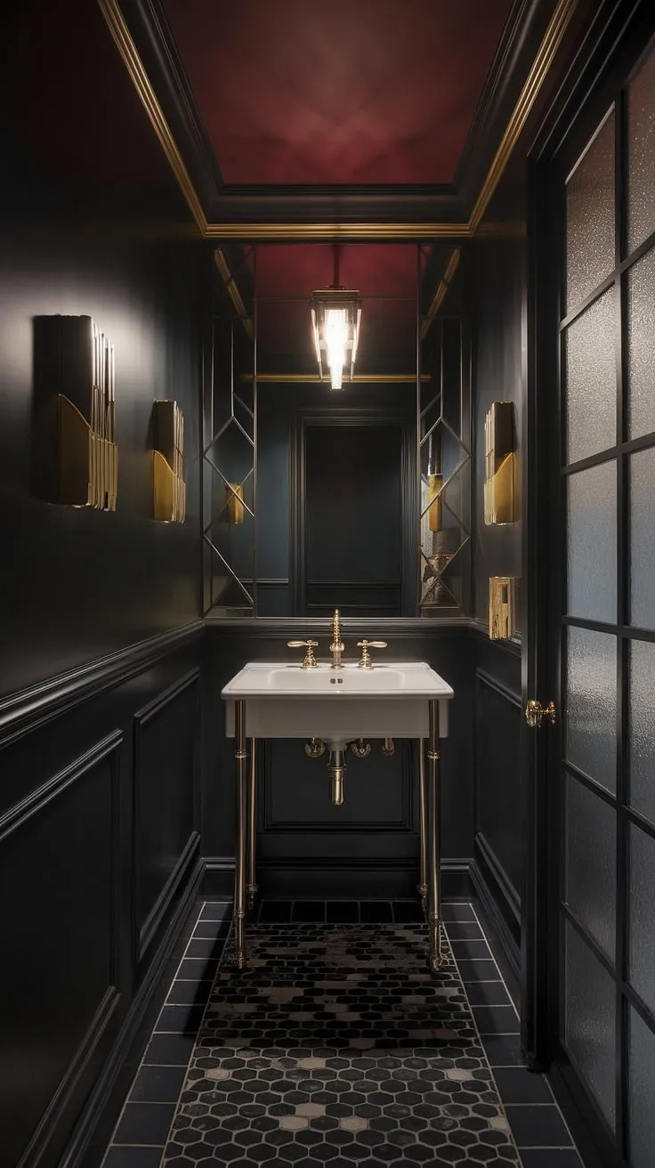 Indulge in the captivating allure of this powder room. The geometric black and white tiles, gold fixtures, and dramatic color palette evoke a sense of timeless elegance. A sanctuary of refined style, where every detail is meticulously crafted.