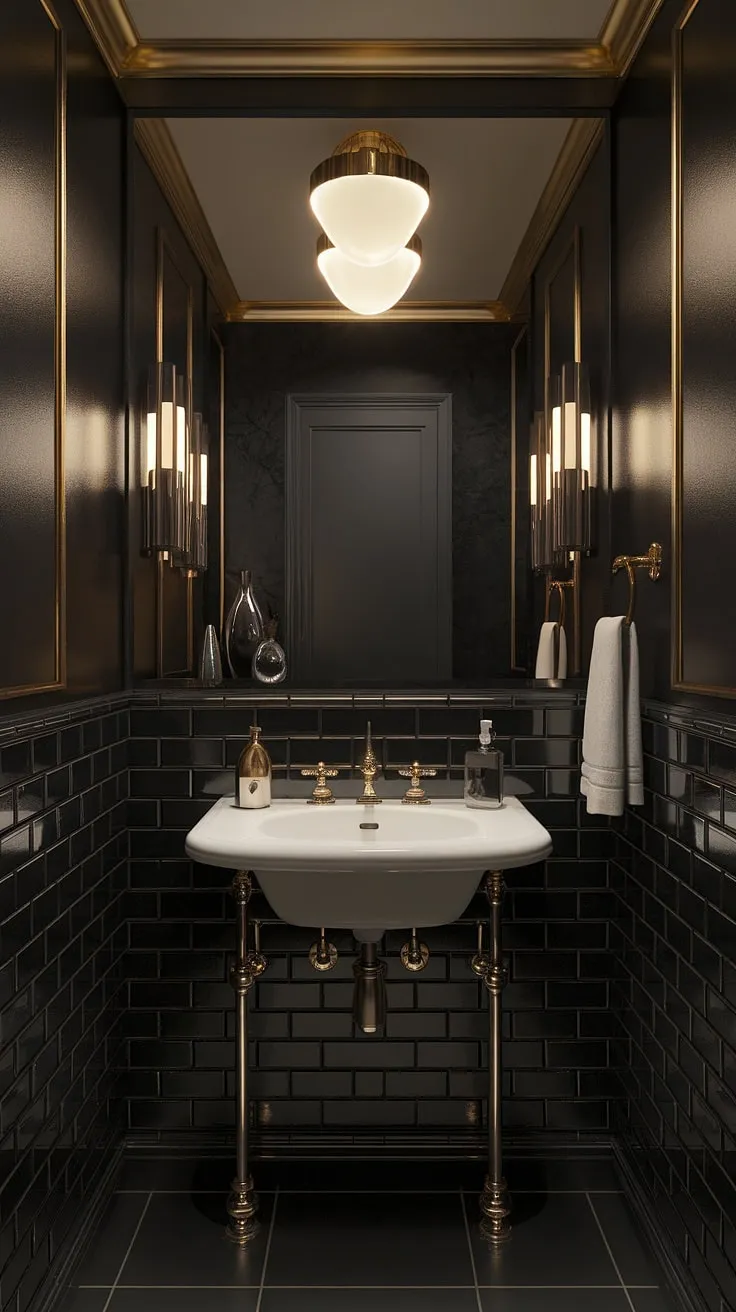 Indulge your senses in this darkly glamorous powder room. The rich contrast of black and white tiles, complemented by the luxurious gold fixtures and subtle lighting, creates a truly captivating space. A perfect blend of Art Deco grandeur and modern sophistication, this is where luxury finds its quietude.