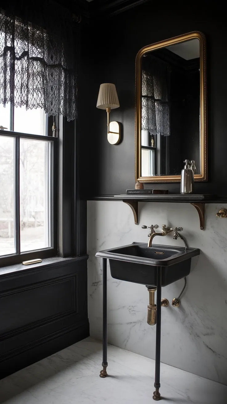 Step into a world of old Hollywood glamour. The dark, Art Deco-inspired powder room, with its black walls, white marble floor, and gleaming gold accents, offers a sophisticated escape. A touch of vintage elegance permeates the space, creating an atmosphere of quiet luxury. The soft light filtering through the lace-curtained window adds a layer of mystery and intrigue.