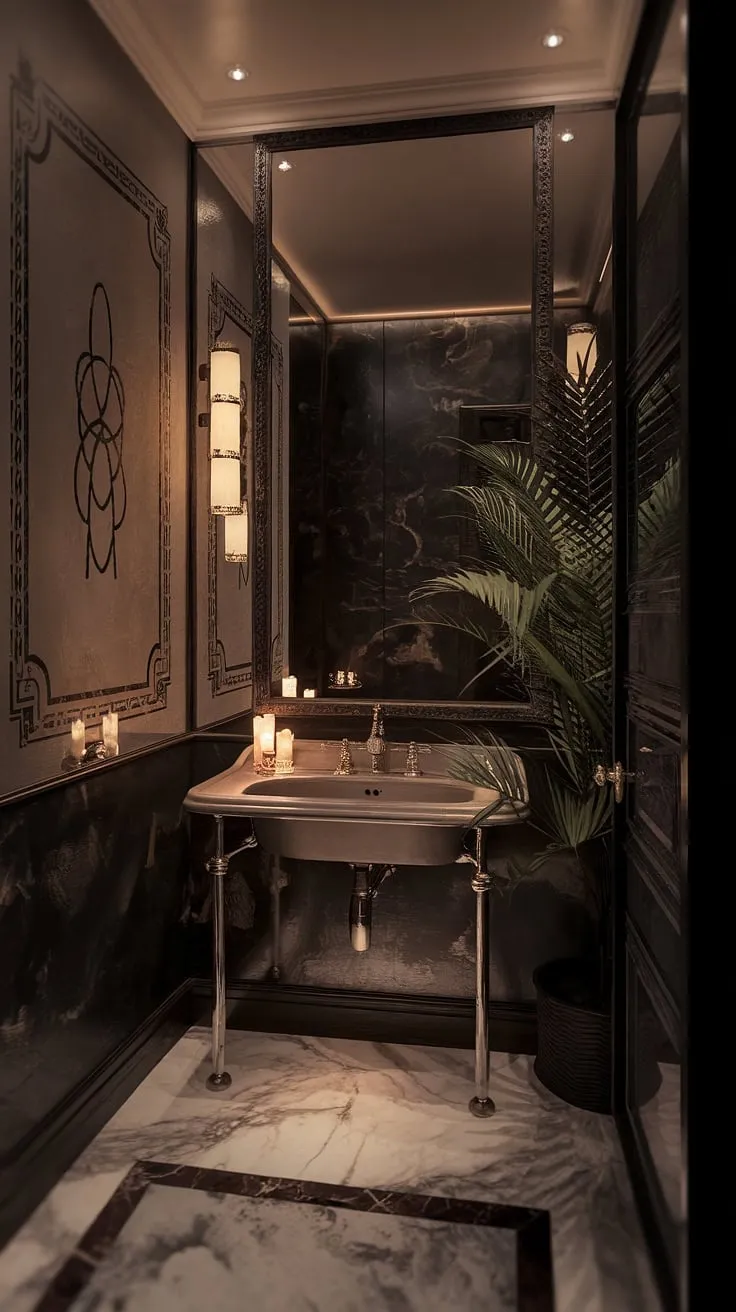 A dimly lit haven of art deco design. The intricate details, from the patterned walls to the gleaming marble floor, whisper tales of bygone eras. A space where modern luxury meets vintage charm, offering a moment of peaceful escape.