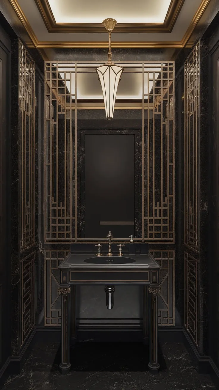 Step into a world of old Hollywood glamour. This Art Deco powder room, with its shimmering gold accents and luxurious fixtures, is a testament to timeless elegance. The intricate mirror and dark marble floor create an atmosphere of sophisticated mystery. A sanctuary of style, a haven of quiet luxury.