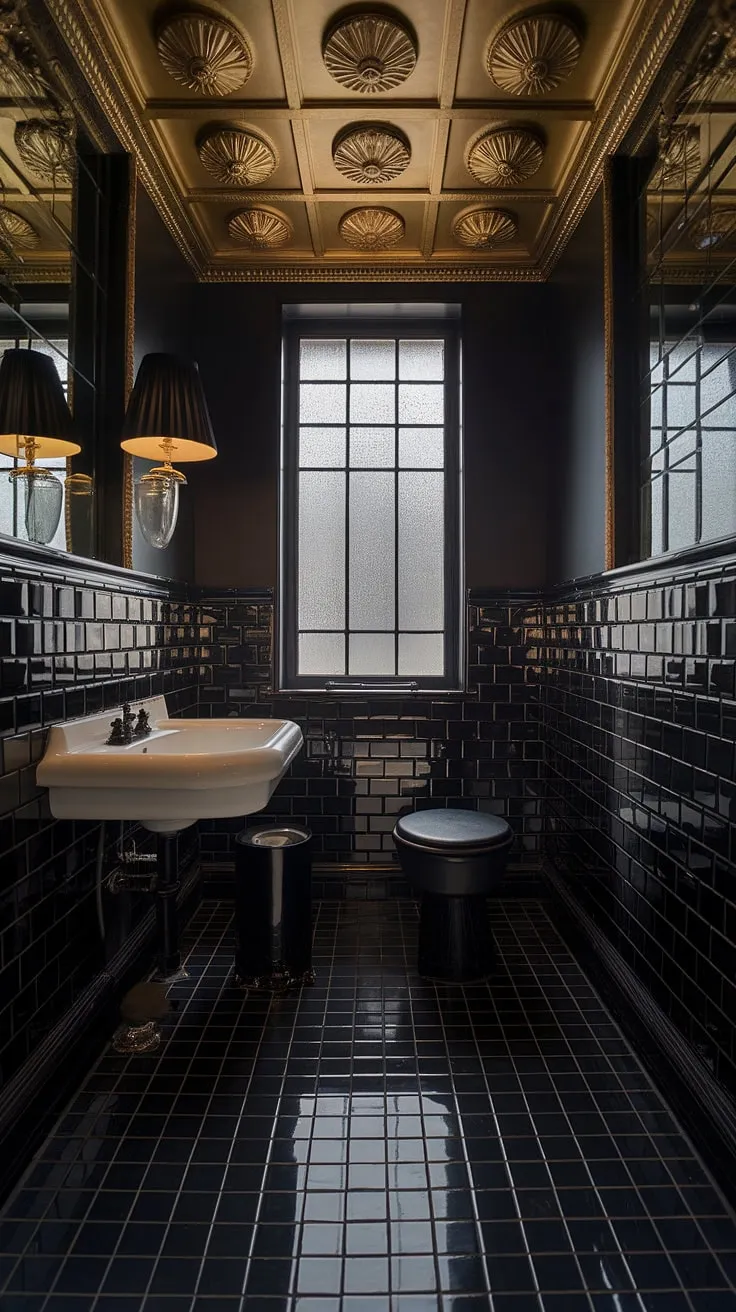 Indulge in the darkly glamorous allure of this Art Deco sanctuary. The rich black tiles, gleaming floor, and golden ceiling details whisper of old Hollywood sophistication. A perfect blend of modern minimalism and vintage charm, this powder room is a study in refined contrast and luxurious detail.