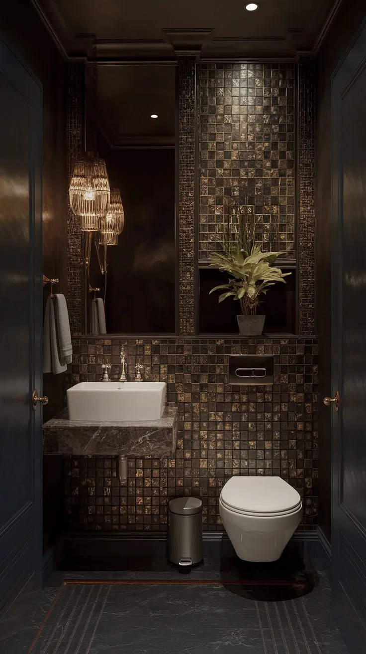 Step into a sanctuary of Art Deco elegance. The rich, dark tones of the walls and floor, accented by gleaming gold detailing and a pristine white sink, create a captivating contrast. Radiant floor heating ensures luxurious comfort in this meticulously designed powder room. A testament to timeless style and modern convenience.