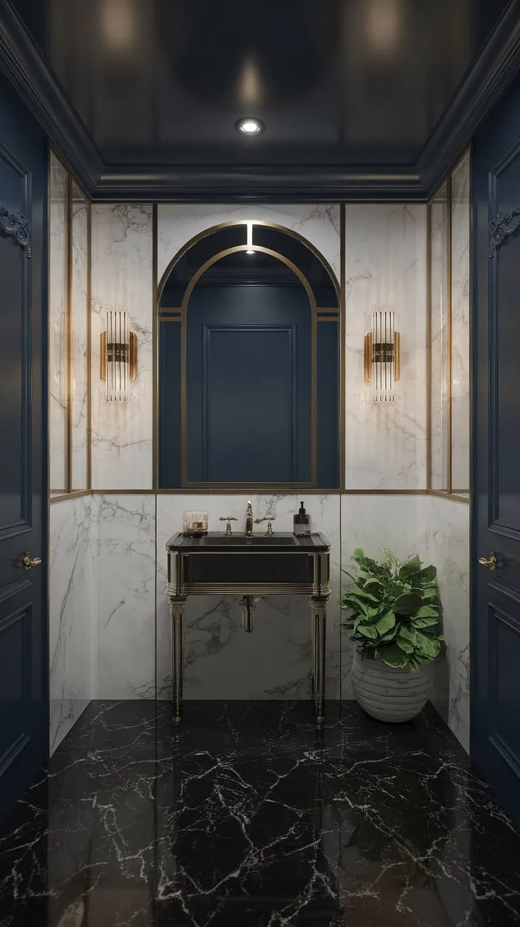 Step into a world of opulent mystery. This art deco powder room, with its dark blue ceiling and black and white marble floor, is a testament to refined elegance. The gold accents, from the sconce to the faucet, add a touch of glamour, while the lush green plant offers a surprising burst of life. A sanctuary of sophisticated style.