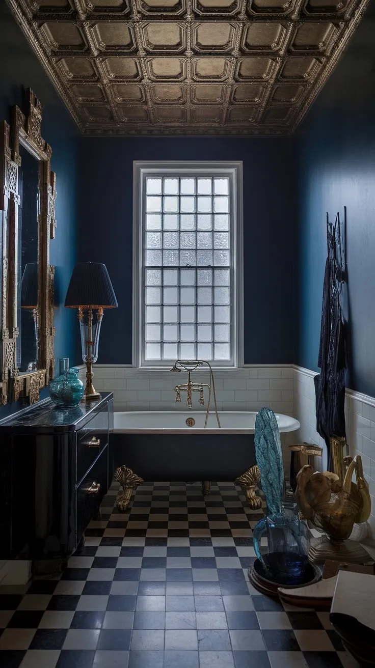 Step into a world of opulent serenity. The deep blue walls, gleaming gold accents, and Art Deco details of this powder room create an atmosphere of timeless elegance, a sanctuary for quiet contemplation. A perfect blend of vintage charm and modern luxury.