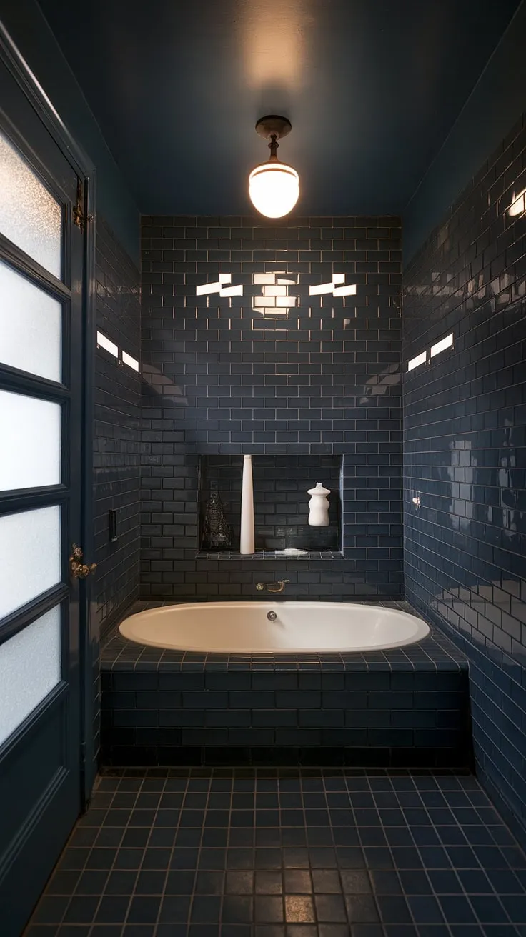 Step into a sanctuary of Art Deco elegance. The deep blue tiles and gleaming white fixtures create a mood of sophisticated serenity, a perfect escape for a moment of quiet contemplation. A haven of tranquility awaits.