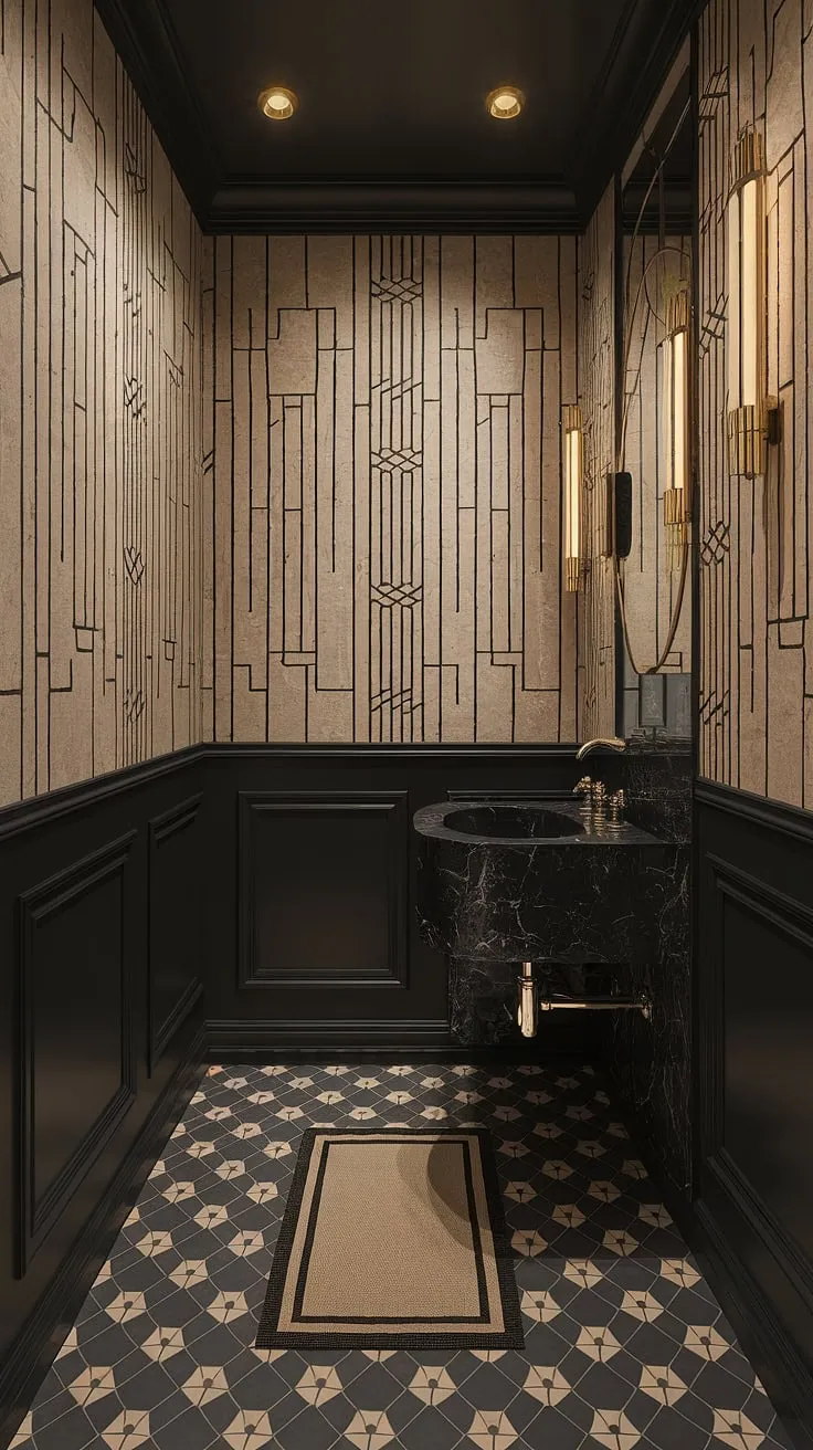 Indulge in the darkly glamorous allure of this Art Deco haven. A symphony of beige and black geometric patterns envelops you, while the gleaming gold fixtures and black marble sink add a touch of regal decadence. A perfect blend of old-world charm and modern sophistication, this powder room is a sanctuary of understated luxury; a space designed for quiet contemplation and refined self-care. A true masterpiece of design.