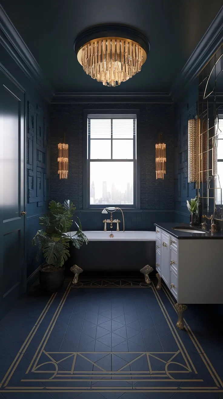 Escape to this darkly glamorous Art Deco haven. The rich jewel tones, luxurious gold accents, and a breathtaking city view combine to create an unforgettable bathing experience. A perfect blend of modern luxury and timeless design.