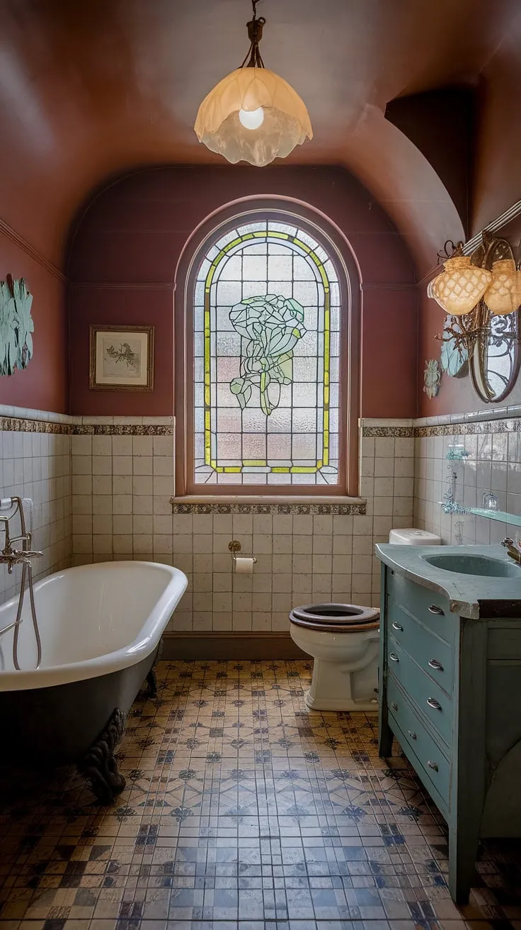 Indulge in the exquisite details of this Art Nouveau bathroom, a testament to vintage bathroom aesthetic.  Antique bathroom design elements, including the stained glass windows, create a whimsical bathroom decor and a dream bathroom design that embodies the spirit of Art Nouveau interiors and Art Nouveau bathroom ideas.
