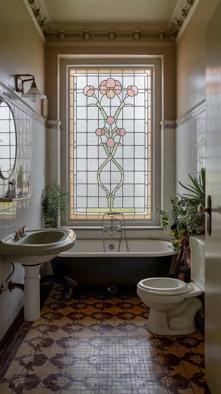 Step into a dream bathroom design, where vintage interior decor meets the whimsical charm of Art Nouveau interiors.  Stained glass windows bathe this antique bathroom design in ethereal light, showcasing the exquisite details of an Art Nouveau bathroom.  This vintage bathroom aesthetic is the ultimate in Art Nouveau bathroom ideas.