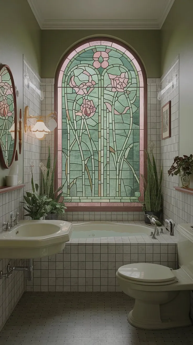 Step into a dream bathroom design, where art nouveau interiors meet vintage bathroom aesthetic.  The stained glass windows, antique bathroom design, and whimsical bathroom decor create a truly enchanting space. This art nouveau bathroom, brimming with vintage interior decor, offers a wealth of art nouveau bathroom ideas for your own luxurious retreat.