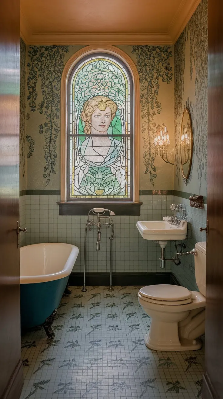 Indulge in the captivating vintage bathroom aesthetic of this art nouveau bathroom.  The stained glass windows, antique bathroom design, and lush greenery create a whimsical bathroom decor that's both elegant and dreamlike.  This space showcases the best of art nouveau interiors and offers endless art nouveau bathroom ideas for your own inspiring design.