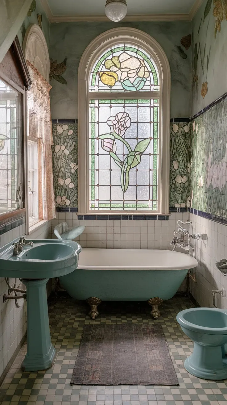 Indulge in the exquisite details of this Art Nouveau bathroom, a testament to vintage bathroom aesthetic.  Antique bathroom design elements, including the stained glass windows, create a whimsical bathroom decor and a dream bathroom design that embodies the spirit of Art Nouveau interiors and Art Nouveau bathroom ideas.