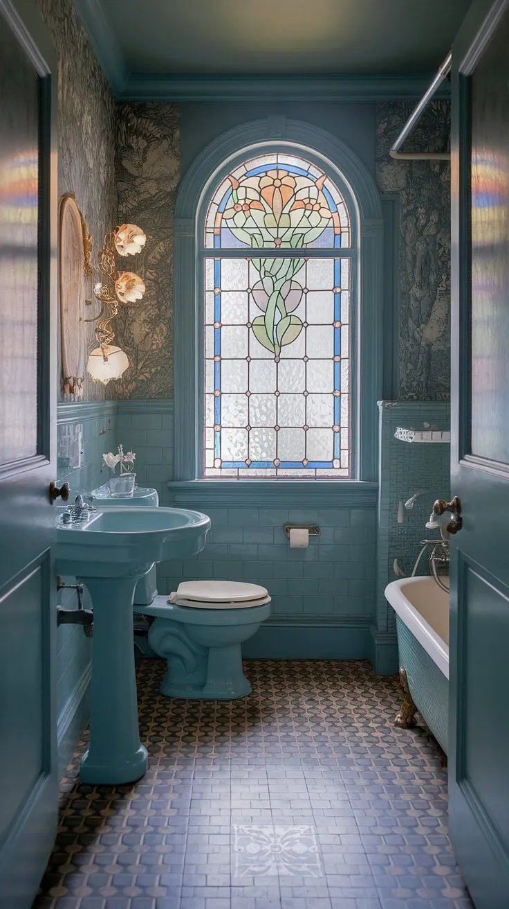 Step into a dream: This art nouveau bathroom, with its stained glass windows and antique bathroom design, embodies vintage interior decor at its finest.  The whimsical bathroom decor and art nouveau interiors create a truly unique and inspiring space, offering a wealth of art nouveau bathroom ideas for your own vintage bathroom aesthetic.