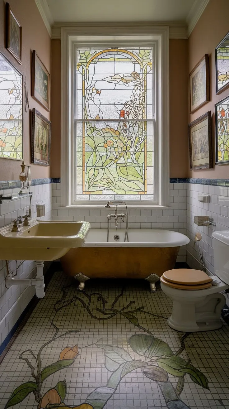 Indulge in the exquisite details of this Art Nouveau bathroom, a testament to vintage bathroom aesthetic.  Antique bathroom design elements, including the stained glass windows, create a whimsical bathroom decor and a dream bathroom design that embodies the spirit of Art Nouveau interiors and Art Nouveau bathroom ideas.