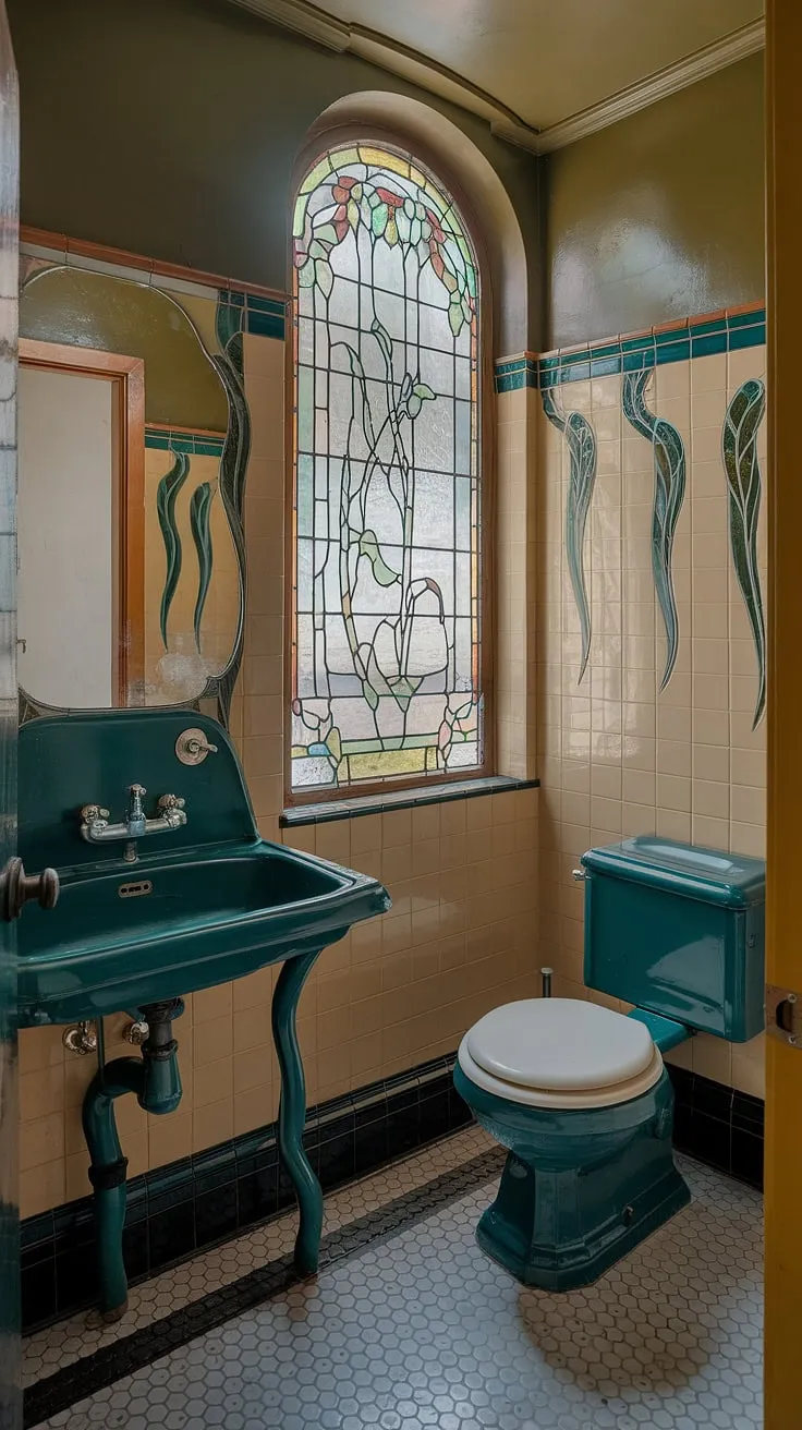 Step into a dream: This art nouveau bathroom, with its stained glass windows and antique bathroom design, embodies vintage interior decor at its finest.  Art nouveau bathroom ideas come alive in this whimsical bathroom decor, a true masterpiece of art nouveau interiors.