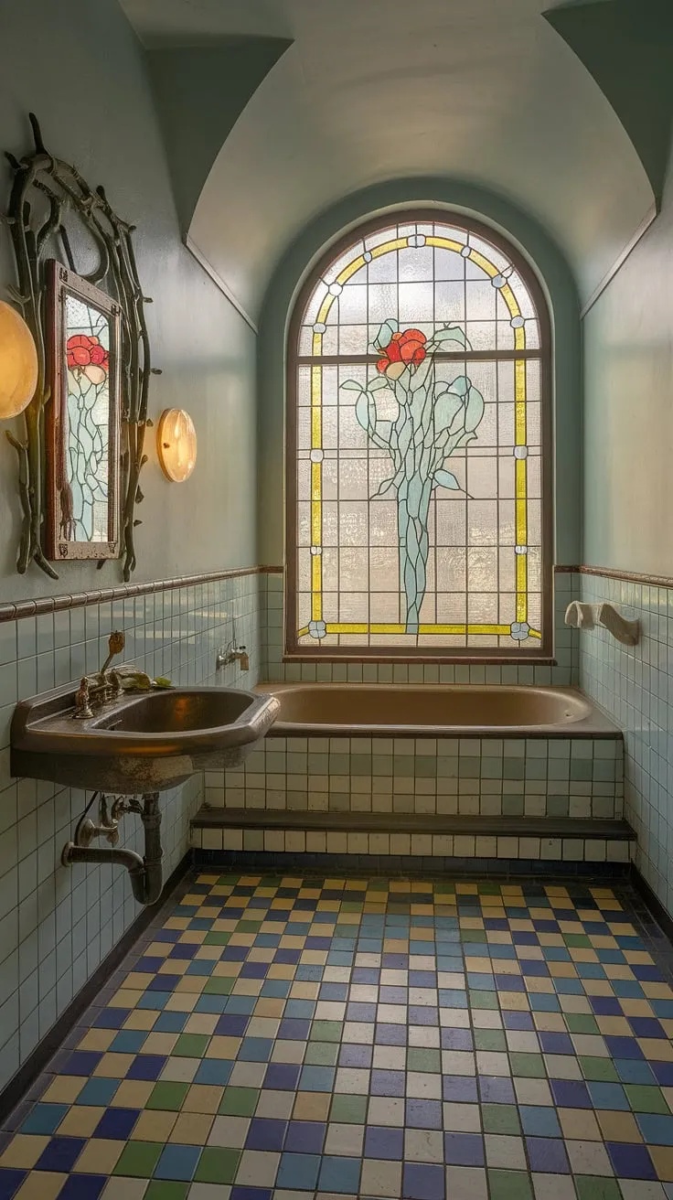This art nouveau bathroom is the epitome of vintage interior decor.  The stained glass windows and antique bathroom design create a whimsical bathroom decor, offering a truly dream bathroom design and inspiring art nouveau bathroom ideas for your own space.  Art nouveau interiors at their finest.