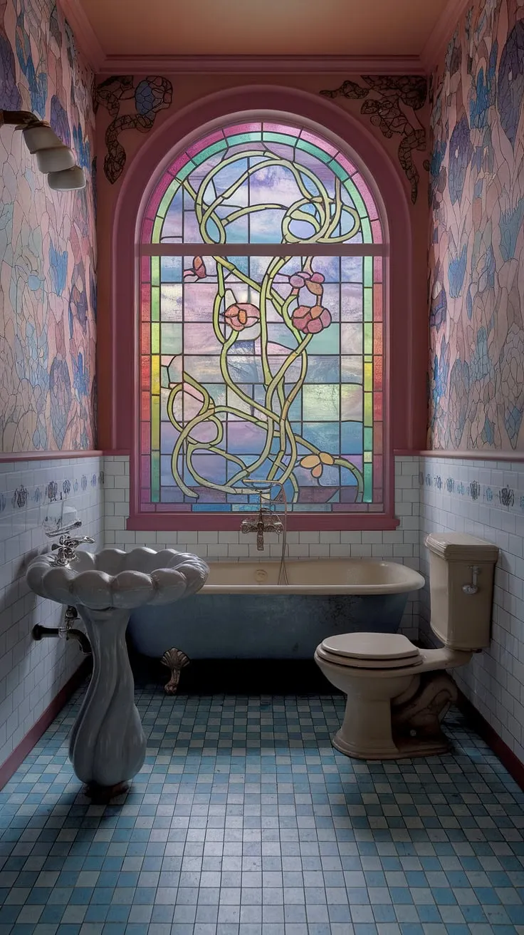 Step into a dream: this art nouveau bathroom, with its stained glass windows and antique bathroom design, embodies vintage interior decor at its finest.  The whimsical bathroom decor and art nouveau interiors create a truly unique and inspiring space, offering a wealth of art nouveau bathroom ideas for your own vintage bathroom aesthetic.