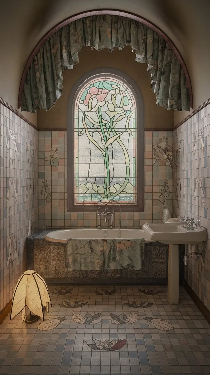 Indulge in the exquisite details of this antique bathroom design.  The stained glass windows bathe the space in a soft, ethereal light, perfectly complementing the art nouveau bathroom's vintage interior decor.  This dream bathroom design showcases the best of art nouveau interiors and offers inspiring art nouveau bathroom ideas for your own whimsical bathroom decor.